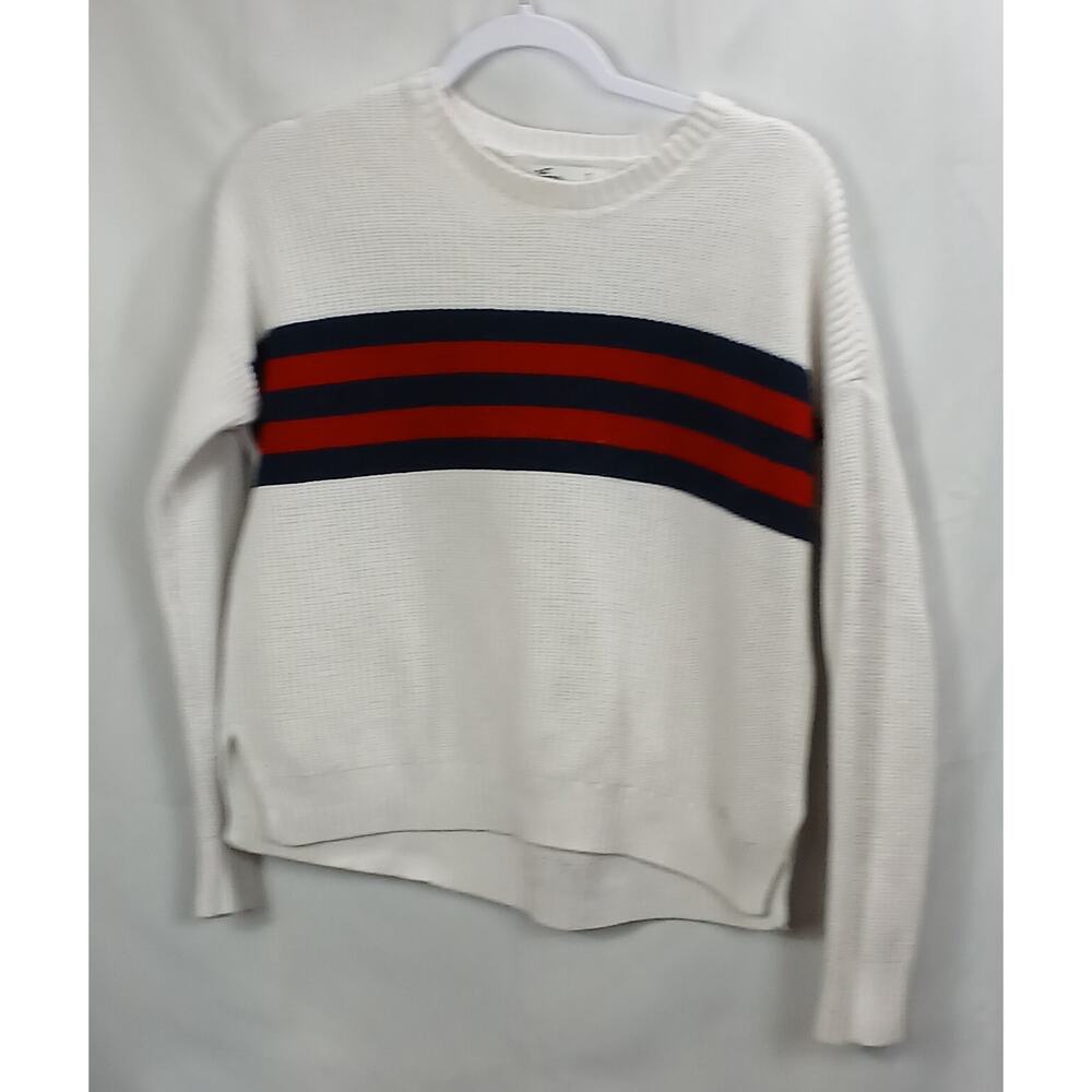 LS/Pullover Sweater/ Blue Red Ivory Pattern/Side Slits/Retro/Chunky/Ribbed/SzeS